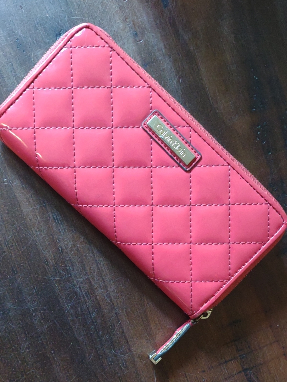 Calvin Klein Quilted Coral Zip-Around Wallet with Gold Plate